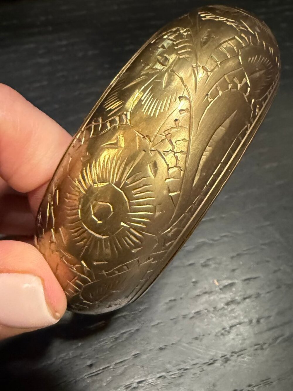 Vintage Wide Etched Brass Bangle Bracelet with Sunburst Design